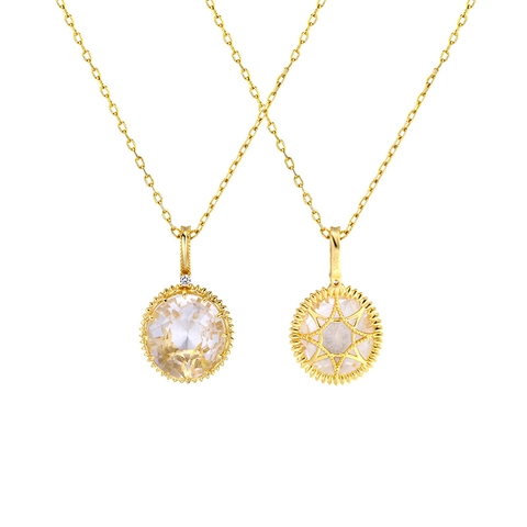 Collier Pendentif en Argent Sterling 925 Plaqué Or 14K Cristal de Roche Naturel Vintage Ajouré Dentelle Bijoux Femme