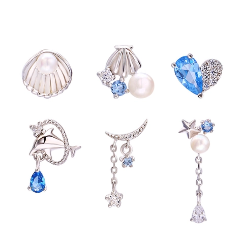 Poste de Plata de Ley 925 Pendientes Perlas Artificiales Concha Estrella de Mar Colección Marina Azul Zirconia Delfín Luna Joyería