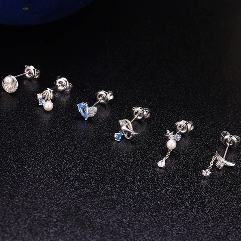 Poste de Plata de Ley 925 Pendientes Perlas Artificiales Concha Estrella de Mar Colección Marina Azul Zirconia Delfín Luna Joyería