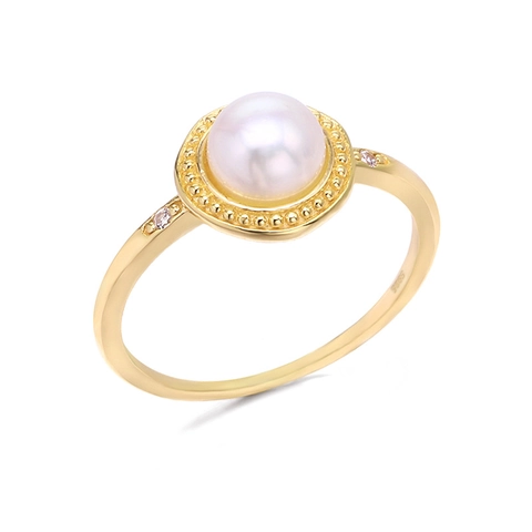 Japanischer Stil 925 Sterlingsilber 14K Vergoldet Natürliche Süßwasserperle Ring Mit Zirkonia Milgrain Schmuck Für Damen
