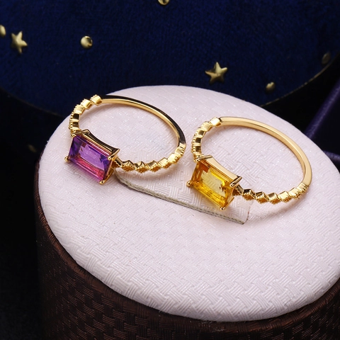 S925 Sterlingsilber Natürlicher Amethyst Citrin Ring 14K Vergoldet Prinzess-Schliff Quadrat Geometrischer Minimalistischer Eleganter Schmuck Damen Geschenk