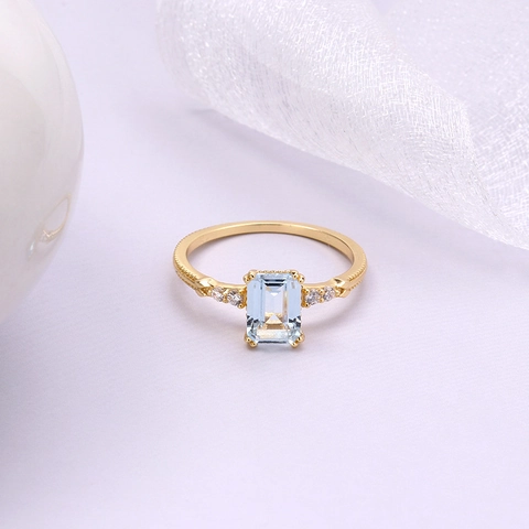 Vintage 925 Sterlingsilber Ring Mit Rechteckigem Himmelblauem Topas Und Weißem Zirkonia 14K Vergoldet Millgrain Ring Schmuck