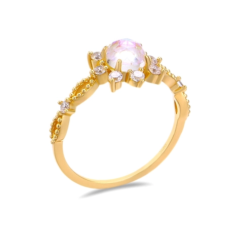 Vintage 925 Sterlingsilber Vergoldet Ring Für Damen Synthetischer Mondstein Zirkonia Sonnenblume Spitze Hohl Design Schmuck