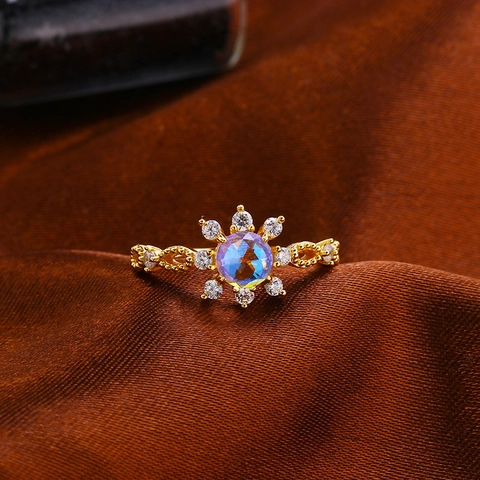 Vintage 925 Sterlingsilber Vergoldet Ring Für Damen Synthetischer Mondstein Zirkonia Sonnenblume Spitze Hohl Design Schmuck