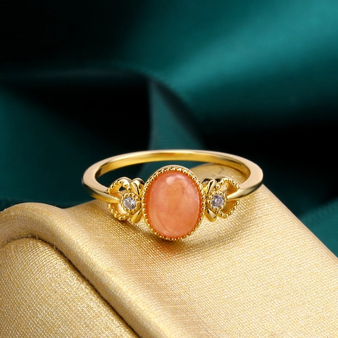 Anello Lusso Giapponese in Argento Sterling 925 Placcato Oro 14K con Rodocrosite Gemma Rosa Ovale Zirconia Vintage Regalo Gioiello per Donna