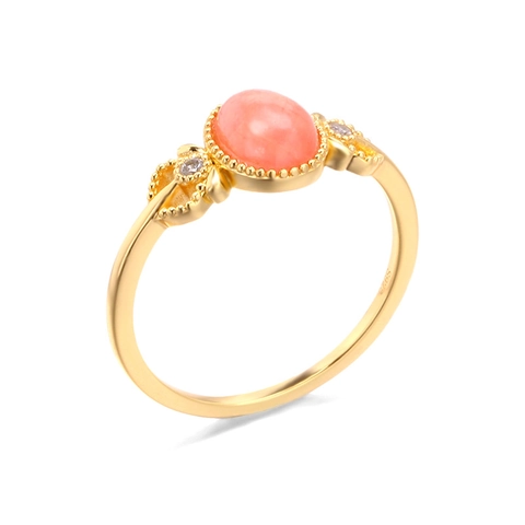 Anello Lusso Giapponese in Argento Sterling 925 Placcato Oro 14K con Rodocrosite Gemma Rosa Ovale Zirconia Vintage Regalo Gioiello per Donna