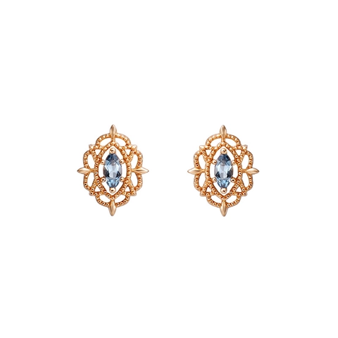 Pendientes de Botón de Plata de Ley S925 Chapados en Oro Rosa con Topacio Azul Vintage Hueco Talla Marquesa Joyería para Mujer