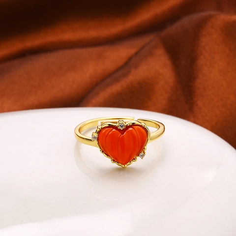Vintage 925 Sterling Silver Gold Plated Red Agate Heart Open Ring For Women Adjustable Zirconia Inlaid Finger Jewelry