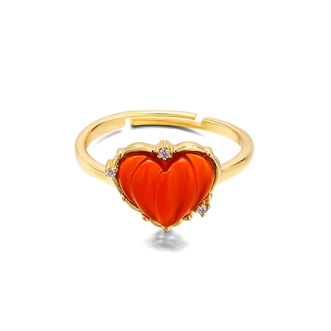 Vintage 925 Sterling Silver Gold Plated Red Agate Heart Open Ring For Women Adjustable Zirconia Inlaid Finger Jewelry