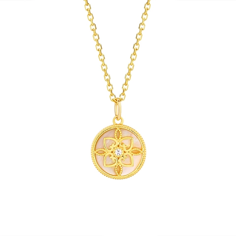 Vintage 925 Sterlingsilber Perlmutt Halskette 14K Vergoldet Kompass Vierblättriges Kleeblatt Zirkonia Anhänger Schmuck