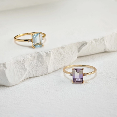 925 Sterling Silver 14K Gold Plated Emerald Cut Ametrine Sky Blue Topaz Zirconia Geometric Ring For Women Minimalist Jewelry