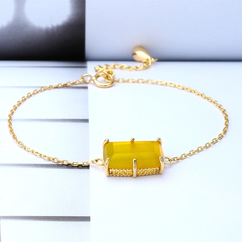 925 Sterling Silver Bracelet For Women Natural Yellow Chalcedony Rectangular Stone 14K Gold Plated Adjustable Hand Jewelry