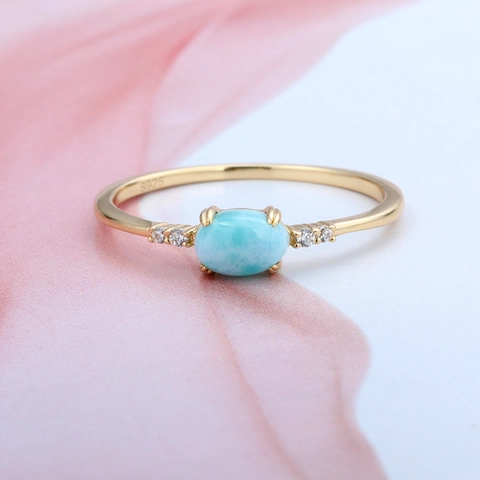 Japanese Minimalist 925 Sterling Silver Ring 14K Gold Plated Natural Larimar Stone And White Zircon For Women Jewelry