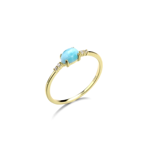 Japanese Minimalist 925 Sterling Silver Ring 14K Gold Plated Natural Larimar Stone And White Zircon For Women Jewelry