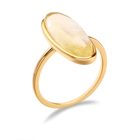 Vintage S925 Sterling Silver Ring 14K Gold Plated Natural Rutilated Quartz Oval Stone Ring For Women Jewelry Gift