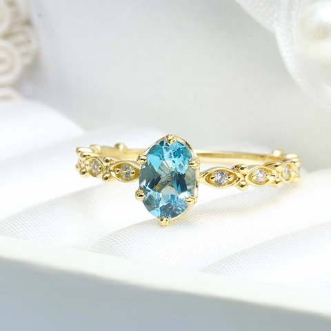 Anello in Argento Sterling 925 Placcato Oro con Topazio Blu di Londra Vintage per Donna Pietra Naturale Ovale Gioielli Eleganti