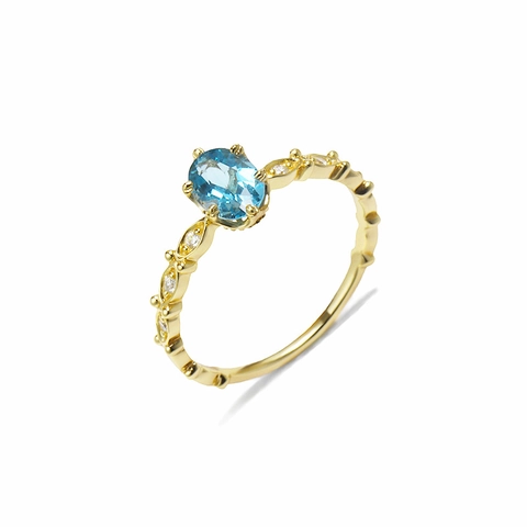 Anello in Argento Sterling 925 Placcato Oro con Topazio Blu di Londra Vintage per Donna Pietra Naturale Ovale Gioielli Eleganti