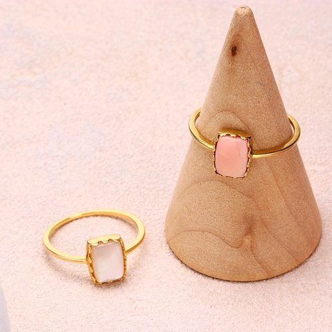 925 Sterling Silver Ring Natural Queen Shell White Mother Of Pearl 14K Gold Plated Rectangular Scalloped Ring For Women Jewelry