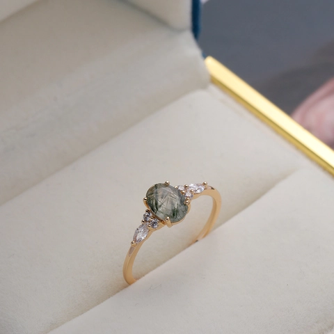 Anillo Vintage de Cuarzo Rutilado Verde Plata de Ley 925 Bañado en Oro de 14K Zirconia Incrustada Anello Ovalado de Piedra Preciosa para Mujer