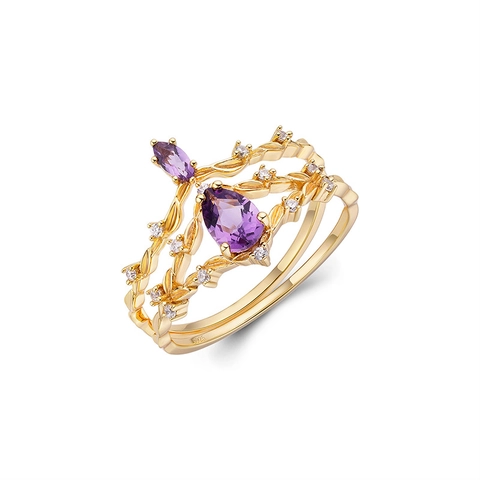 S925 Sterling Silver 14K Gold Plated Amethyst Ring Set Stackable Vintage Crown Vine Leaf Purple Zirconia Rings For Women