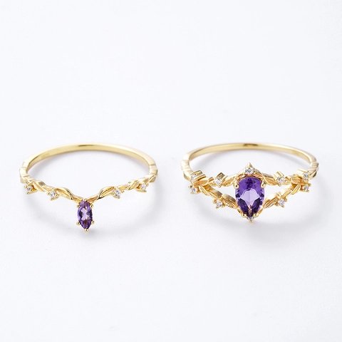 S925 Sterling Silver 14K Gold Plated Amethyst Ring Set Stackable Vintage Crown Vine Leaf Purple Zirconia Rings For Women