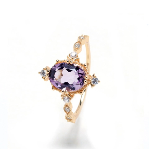 Vintage S925 Sterling Silver Natural Amethyst Ring For Women 14K Gold Plated Oval Purple Crystal Retro Elegant Jewelry Ring Gift