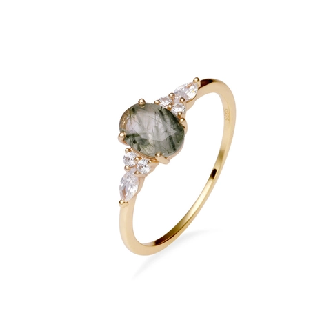 Anillo Vintage de Cuarzo Rutilado Verde Plata de Ley 925 Bañado en Oro de 14K Zirconia Incrustada Anello Ovalado de Piedra Preciosa para Mujer