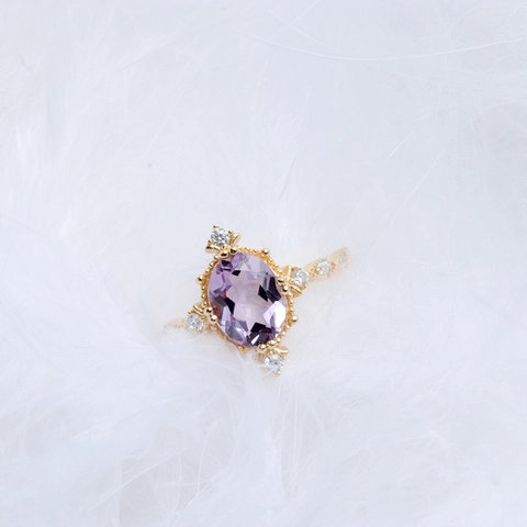 Vintage S925 Sterling Silver Natural Amethyst Ring For Women 14K Gold Plated Oval Purple Crystal Retro Elegant Jewelry Ring Gift