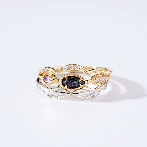 Vintage 925 Sterling Silver Ring Set 14K Gold Plated Leaf Vine Wave Blue Sandstone Amethyst Zirconia Women Jewelry Gift