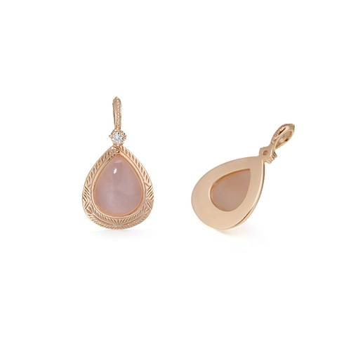 Vintage S925 Sterling Silver Natural Orange Moonstone Waterdrop Pendant For Women 14K Gold Plated Engraved Floral Jewelry Pendant Only (Without Chain)