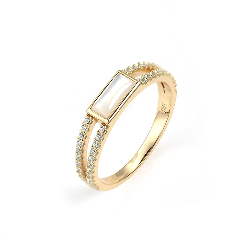 Anillo Geométrico de Plata de Ley 925 Chapado en Oro para Mujer con Concha Blanca Cuarzo Ahumado Zirconia Joyería Regalo
