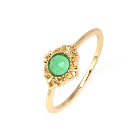 Vintage Palace Style 925 Sterling Silver Ring Gold Plated Green Agate Round Gemstone Hollow Flower Finger Ring For Women