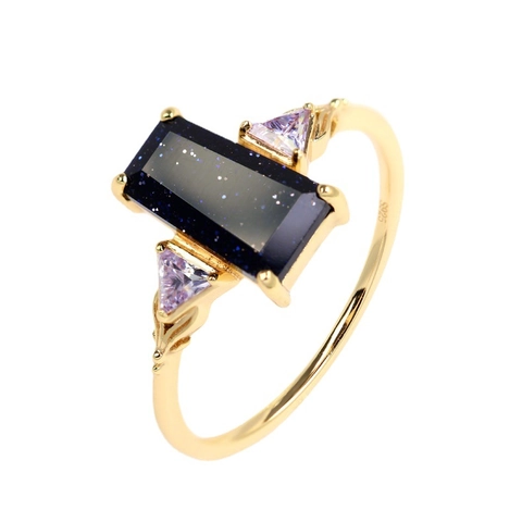 S925 Sterling Silver Gold Plated Blue Sandstone Ring With Purple Zirconia Vintage Japanese Style Jewelry For Women