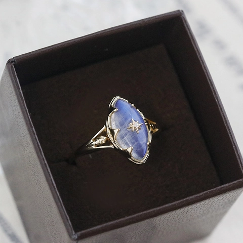 Vintage 925 Sterling Silver 14K Gold Plated Labradorite Ring With White Zircon Star Pattern Oval Marquise Cut Finger Ring For Women Jewelry Gift
