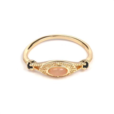 Anillo de Plata de Ley S925 Chapado en Oro 14K Retro Con Piedra Lunar Naranja Y Cuarzo Ahumado Joyería Vintage Mujer