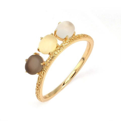 Anillo de Cristal Vintage de Plata de Ley 925 Chapada en Oro de 14K Mujeres Cristal Blanco Citrina Cuarzo Ahumado Joyería