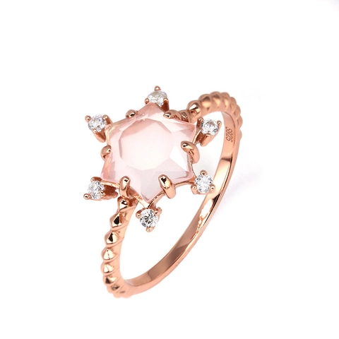Rose Quartz Star Ring S925 Sterling Silver Rose Gold Plated Zirconia Romantic Hexagonal Finger Ring For Women Jewelry Gift
