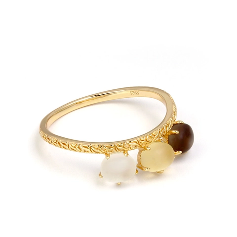 Anillo de Cristal Vintage de Plata de Ley 925 Chapada en Oro de 14K Mujeres Cristal Blanco Citrina Cuarzo Ahumado Joyería