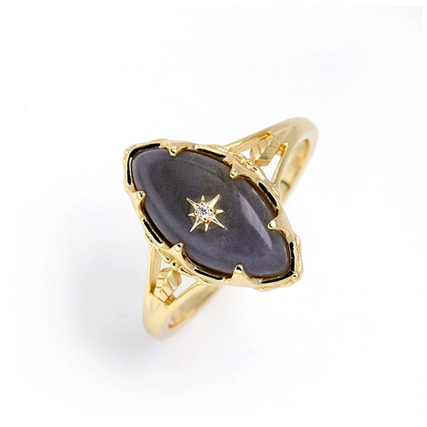 Vintage 925 Sterling Silver 14K Gold Plated Labradorite Ring With White Zircon Star Pattern Oval Marquise Cut Finger Ring For Women Jewelry Gift