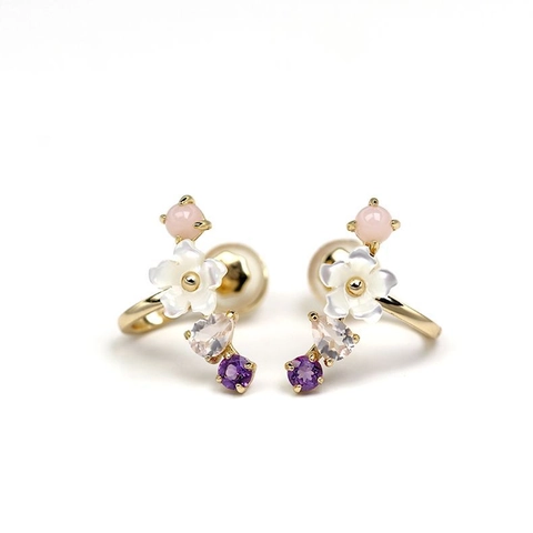 Elegant 925 Sterling Silver Gold Plated Shell Flower Ear Cuff Japanese Style Pink Opal Amethyst Gemstone Earrings Jewelry