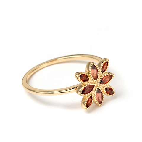 Vintage 925 Sterling Silver 14K Gold Plated Red Garnet Flower Ring For Women Marquise Cut Gemstone Retro Floral Finger Ring