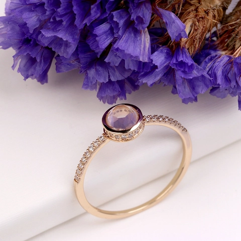 925 Sterling Silver Rose Quartz Ring 14K Gold Plated Zirconia Paved Geometric Finger Ring Elegant Minimalist Jewelry For Women