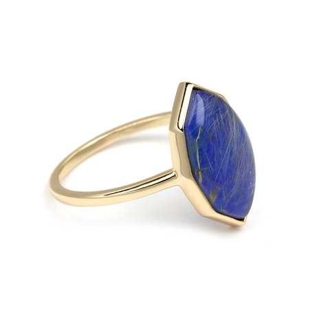 Vintage Court Style S925 Sterling Silver Ring Gold Plated Blue Lapis Lazuli Natural Gold Rutilated Quartz Inlaid Ring For Women