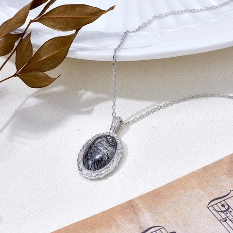 Vintage 925 Sterlingsilber Schwarzer Rutilquarz Anhänger Halskette Für Damen Elegante Oval Edelstein Schmuck Geschenk