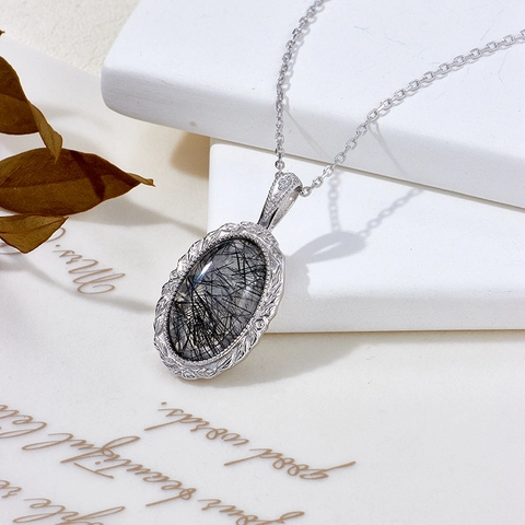 Vintage 925 Sterlingsilber Schwarzer Rutilquarz Anhänger Halskette Für Damen Elegante Oval Edelstein Schmuck Geschenk