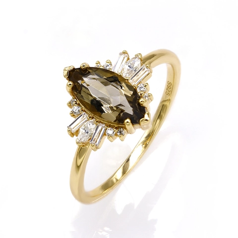 Anillo de Plata de Ley 925 Bañado en Oro de 14K con Cuarzo Ahumado Vintage Mujer Lujo Marquesa Zirconia Joyería