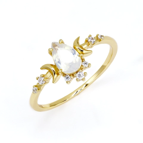S925 Sterling Silver Opal Ring 14K Gold Plated Water Drop Crescent Moon Star Zirconia Vintage Bohemian Jewelry For Women