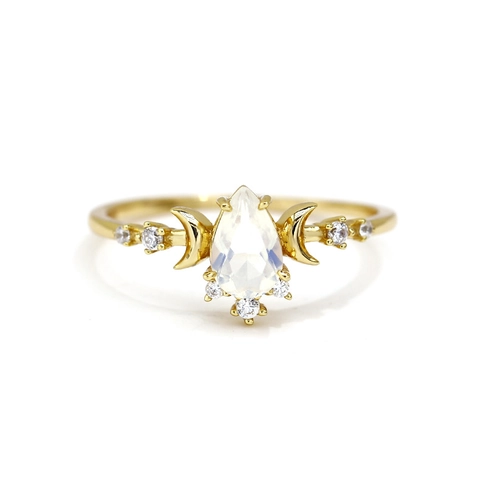 S925 Sterling Silver Opal Ring 14K Gold Plated Water Drop Crescent Moon Star Zirconia Vintage Bohemian Jewelry For Women