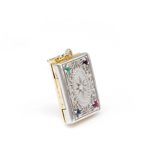 Vintage 925 Sterling Silver Book Locket Pendant Necklace With Moissanite Emerald Sapphire Ruby Amethyst For Women Jewelry
