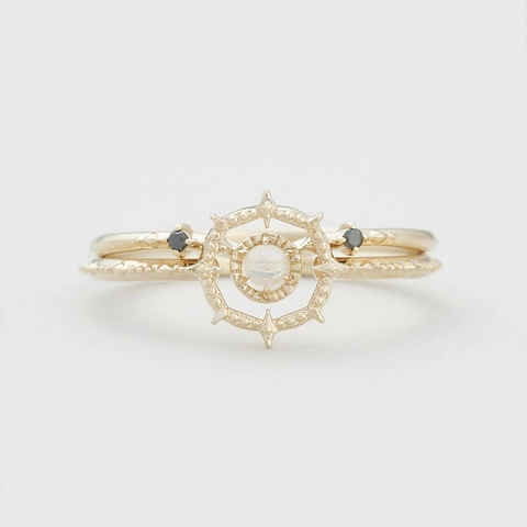 Anillo de Plata de Ley 925 Chapado en Oro Piedra de Luna Natural Mujer Vintage Apilable Espinela Negra Textura Hoja